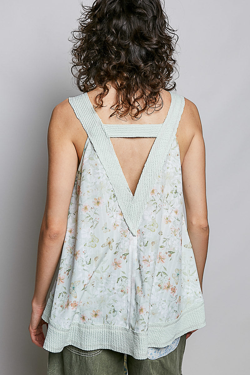 POL Floral V-Neck Tank with Front Pocket