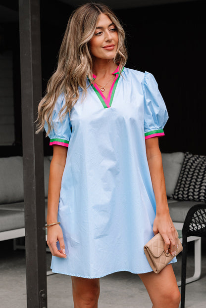 Threaded Pear Lily Striped Notched V Neck Puff Sleeve Mini Dress