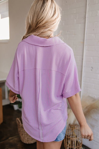 Threaded Pear Kyla Flap Pocket Collared Buttoned Short Sleeve Blouse