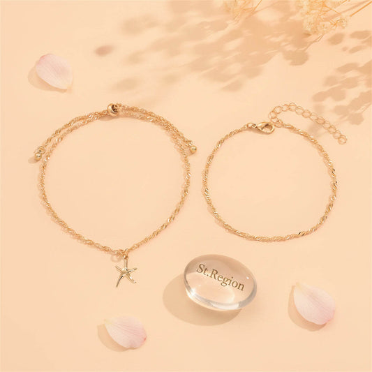 Goldtone Starfish Charm Tassel Anklet Set