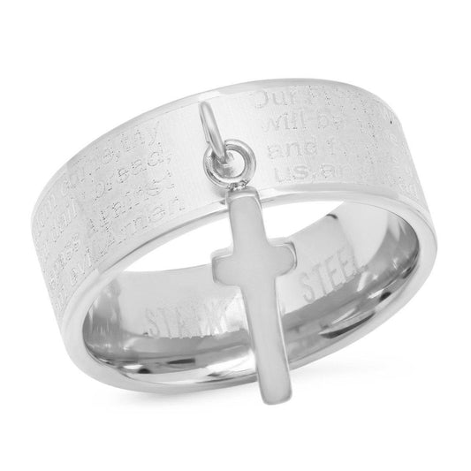 Our Father Prayer Ring Band With Cross Charm