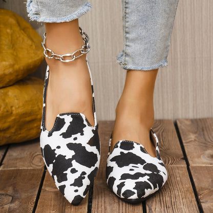 Women's Wide-Fit Breathable Pointed-Toe Flat Shoes – Cow Print Casual Flats