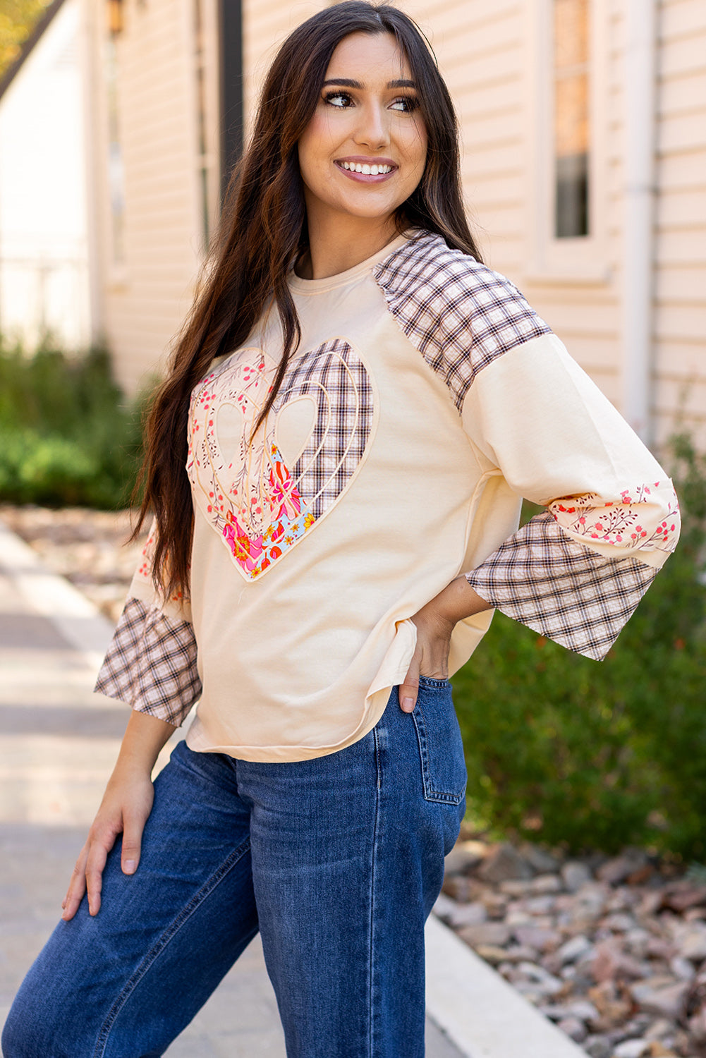 Emilia Plaid Floral Peace Heart Long Sleeve Top by Threaded Pear