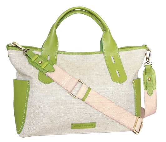 Delana Linen/Leather Tote in Green
