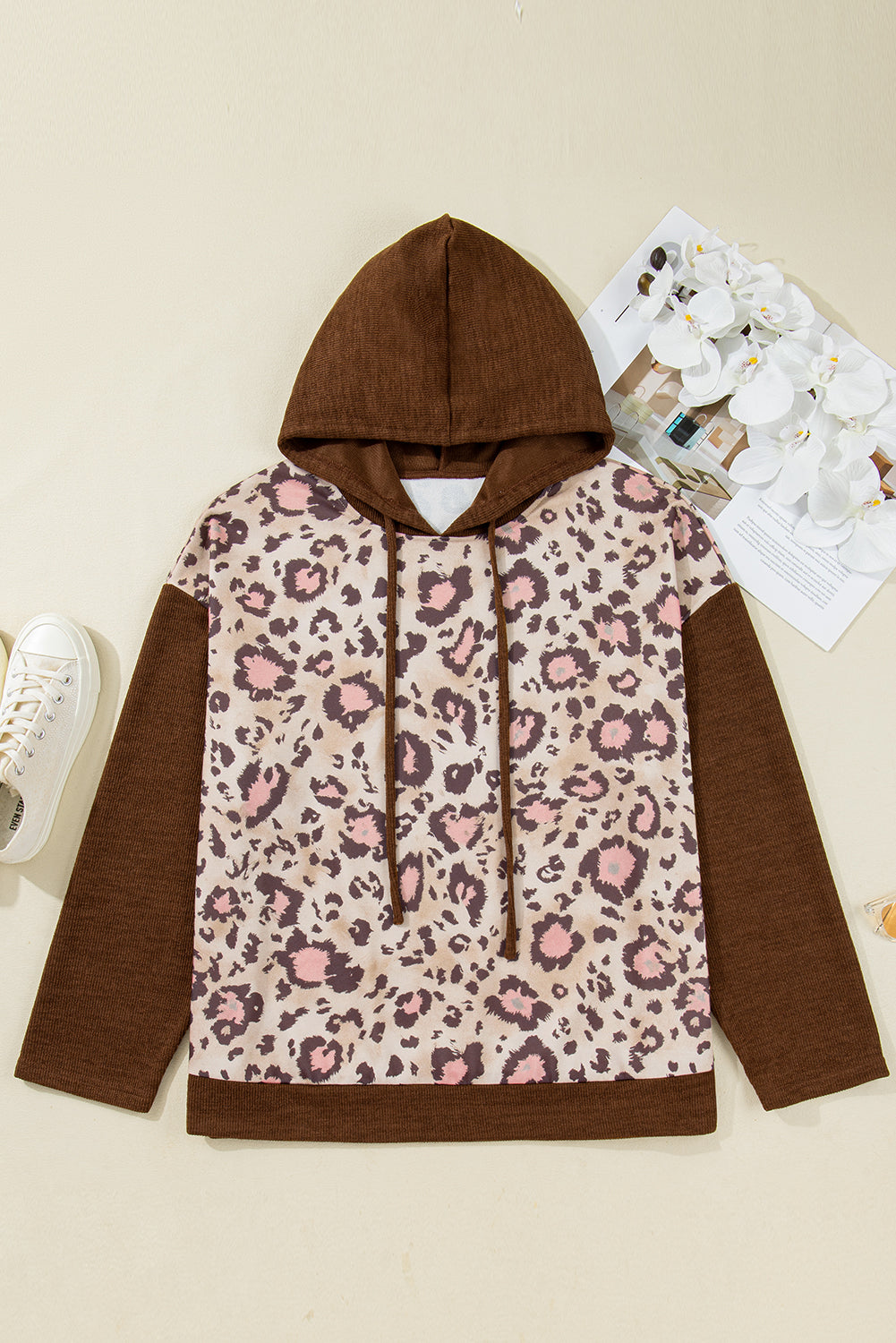 Scarlett Print Knit Patchwork Hoodie - Brown / 1X - 14W-16W