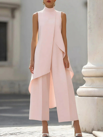 Women's Mock Turtleneck Sleeveless Asymmetric Cascade Drape Longline Top & Wide-Leg Cropped Trouser Set