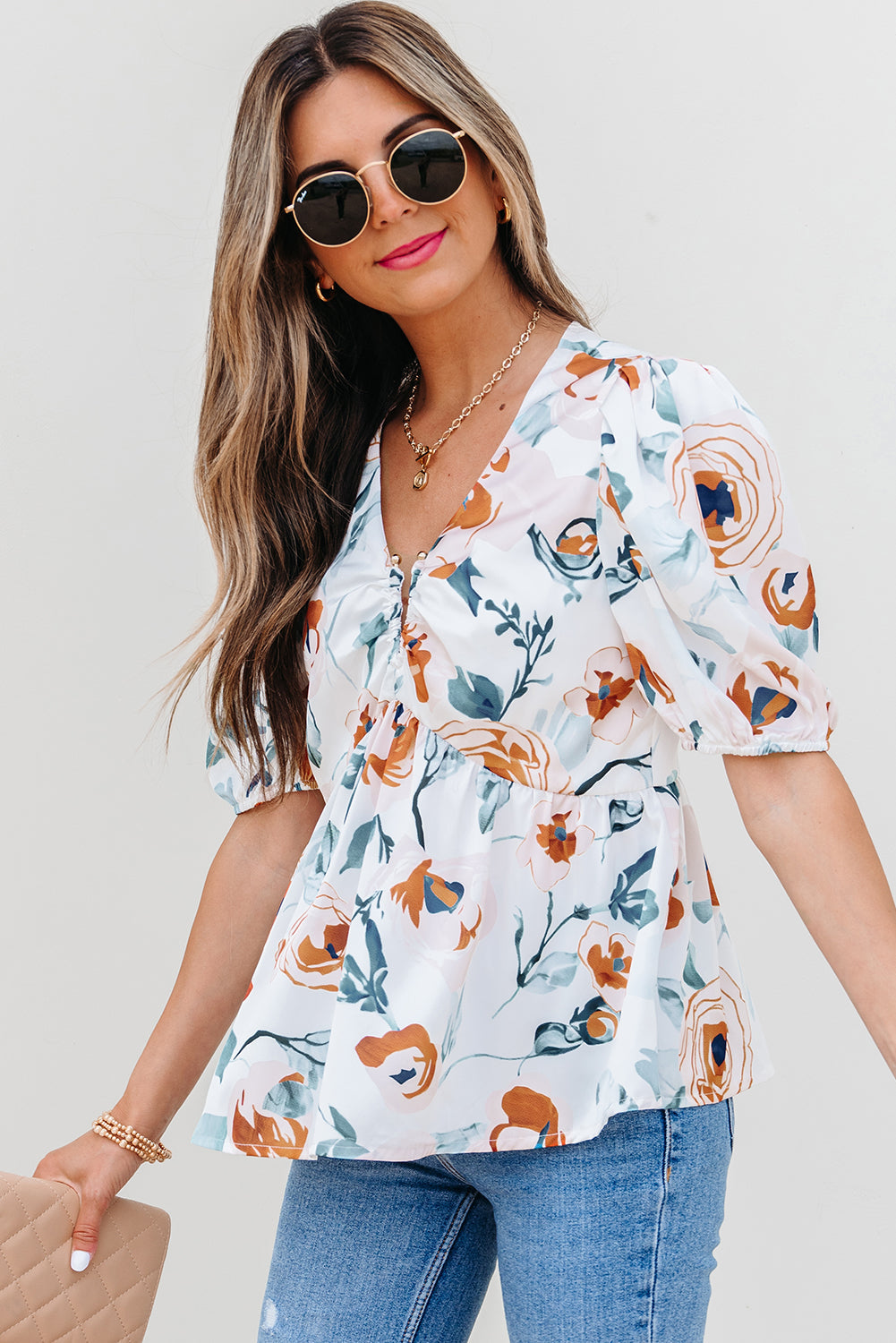 Threaded Pear Salome Floral Puff Sleeve V Neck Babydoll Blouse