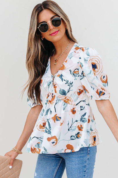 Threaded Pear Salome Floral Puff Sleeve V Neck Babydoll Blouse