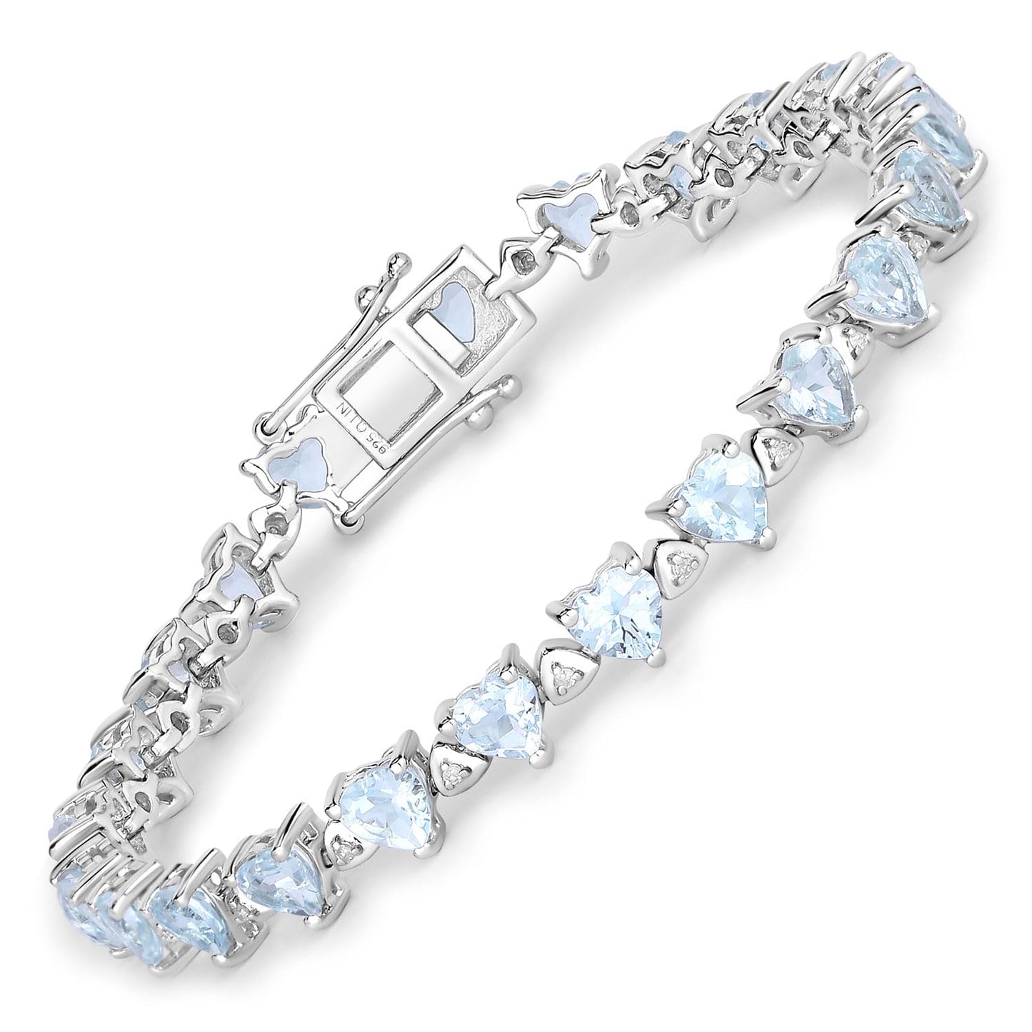 Heart Blue Aquamarine & Diamond Prong Silver Box Clasp Tennis Bracelet