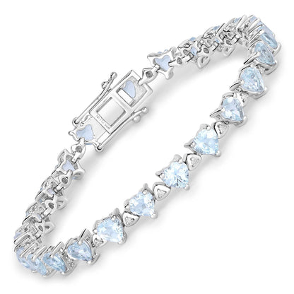 Heart Blue Aquamarine & Diamond Prong Silver Box Clasp Tennis Bracelet