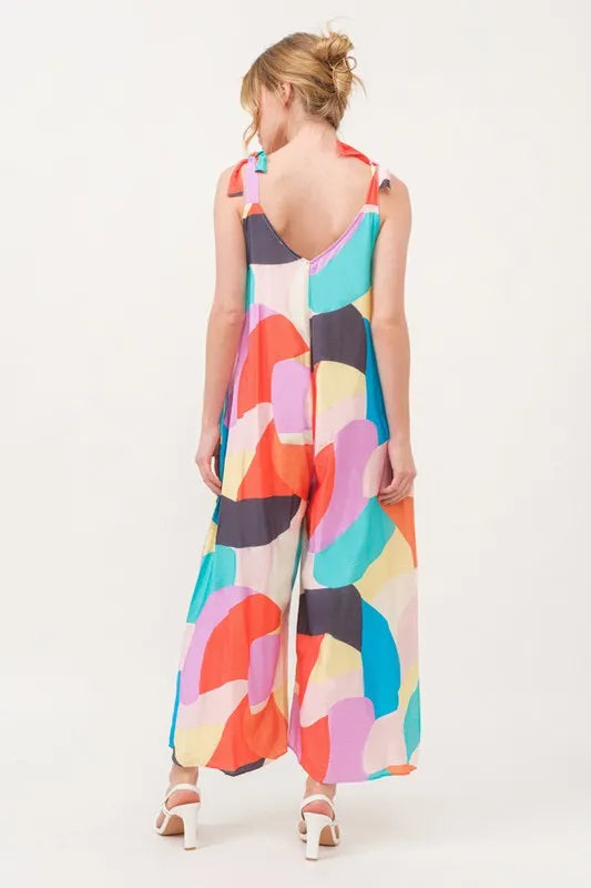 And The Why Tied Shoulder Straps Wide-Leg Geo Print Jumpsuit