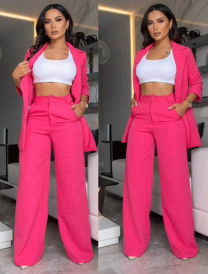 Women's Longline Open-Front Blazer & High-Waist Wide-Leg Trousers Suit Set – 8 Colors