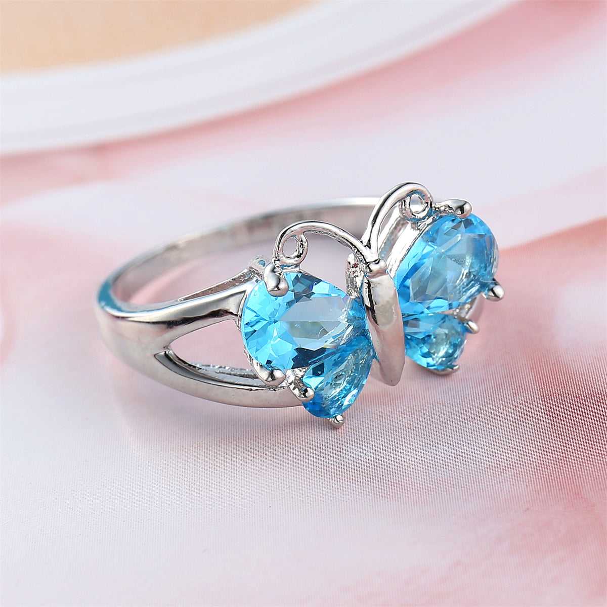 Sea Blue Crystal & Silvertone Butterfly Ring-5