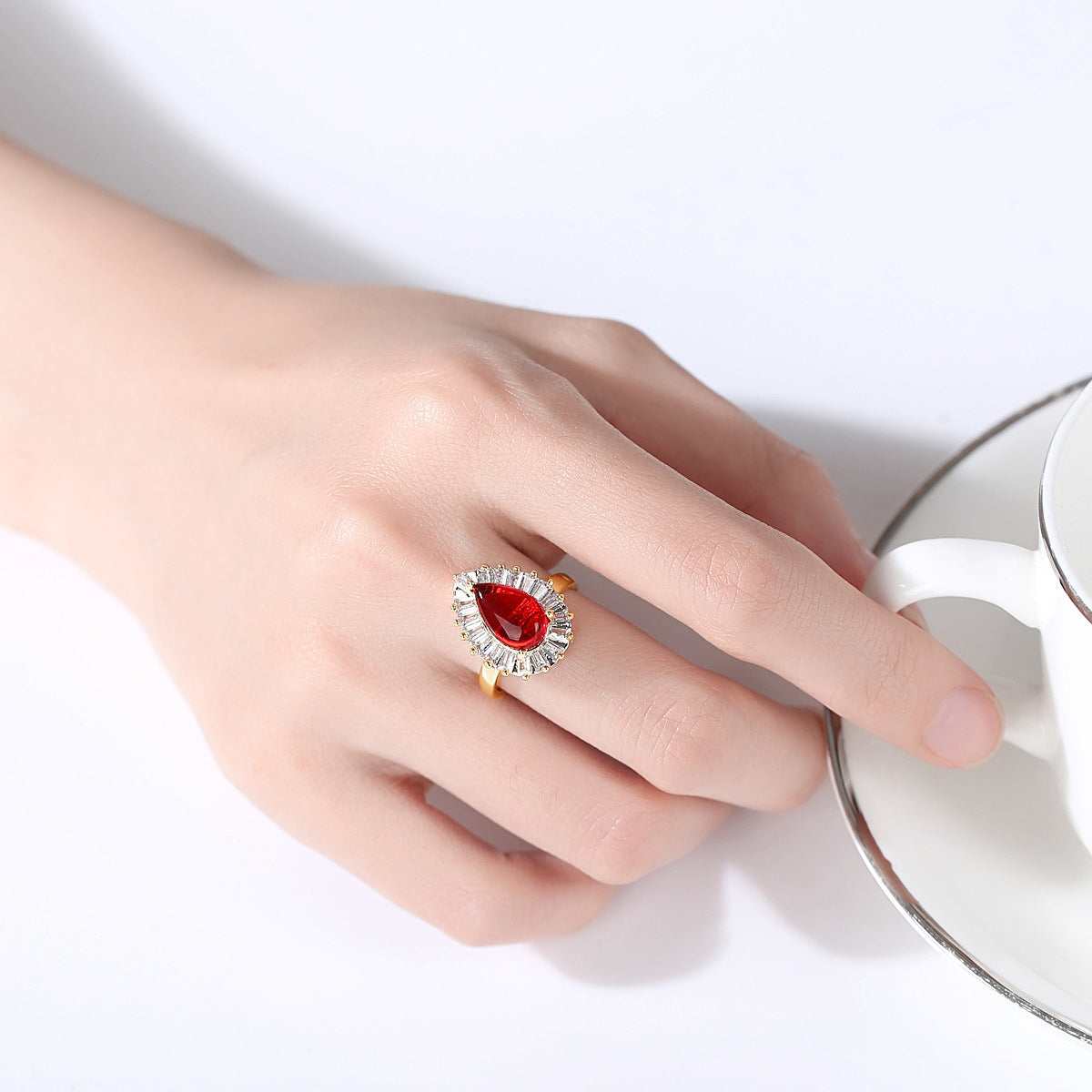 Red Crystal & Goldtone Pear-Cut Ring