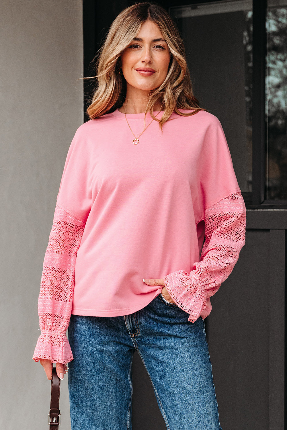 Threaded Pear Brielle Lace Ruffled Sleeve Patchwork Loose Sweatshirt