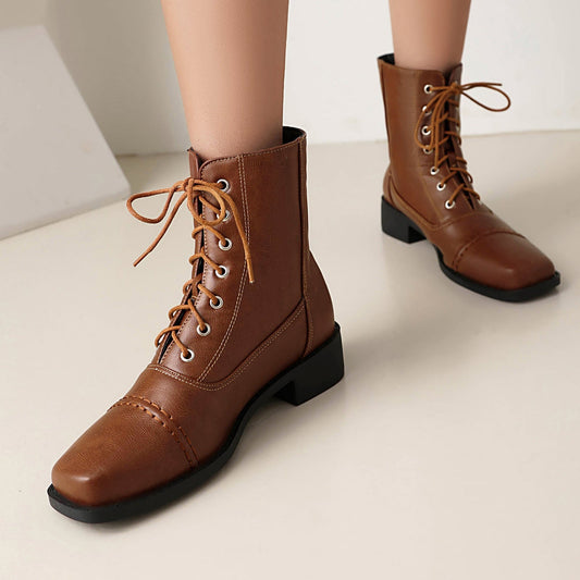 Women’s Lace-Up Square Toe Motorcycle Boots – Comfortable Outdoor Riding Boots