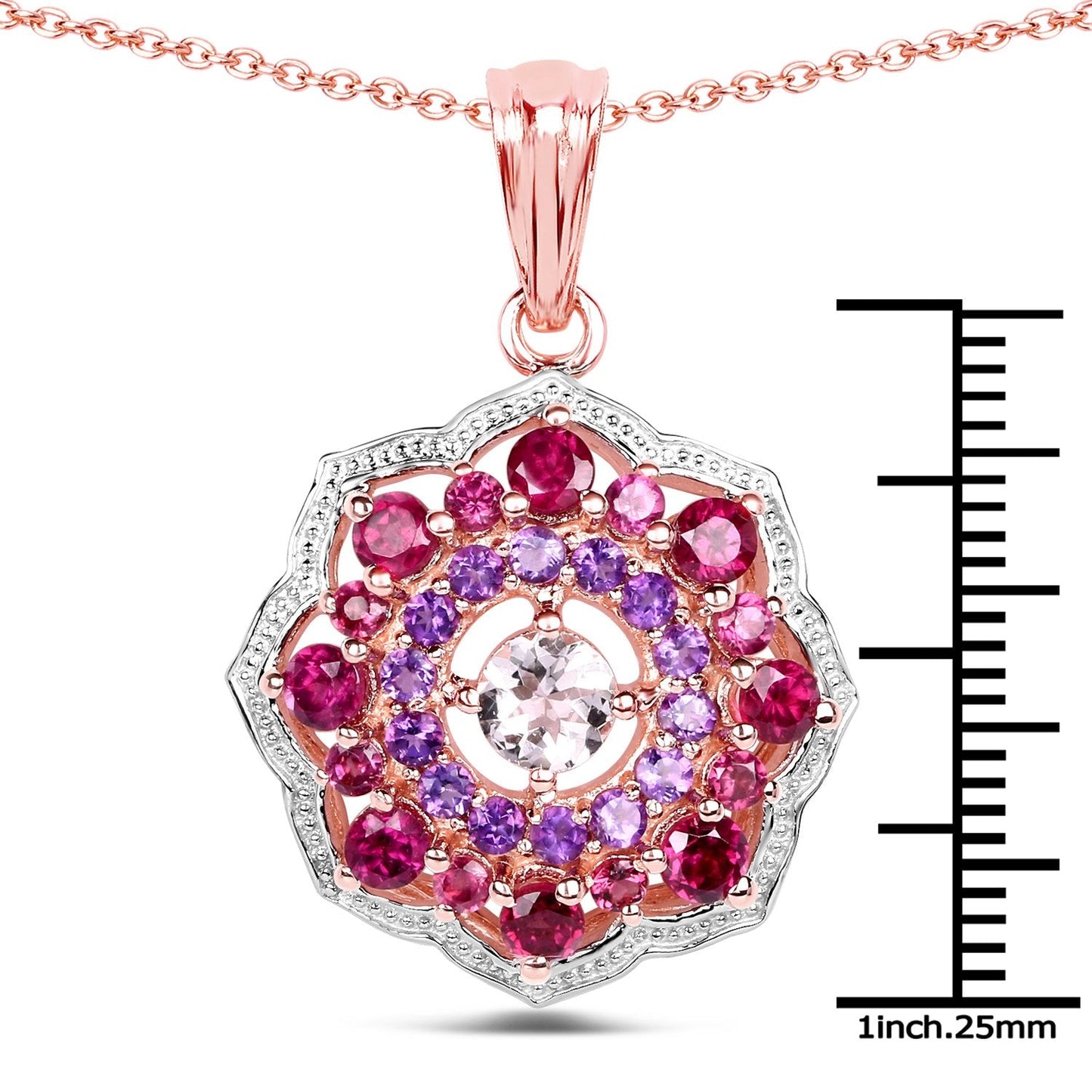 Rhodolite Garnet & Amethyst Prong Rose Gold Plated Silver Cluster Pendant Necklace