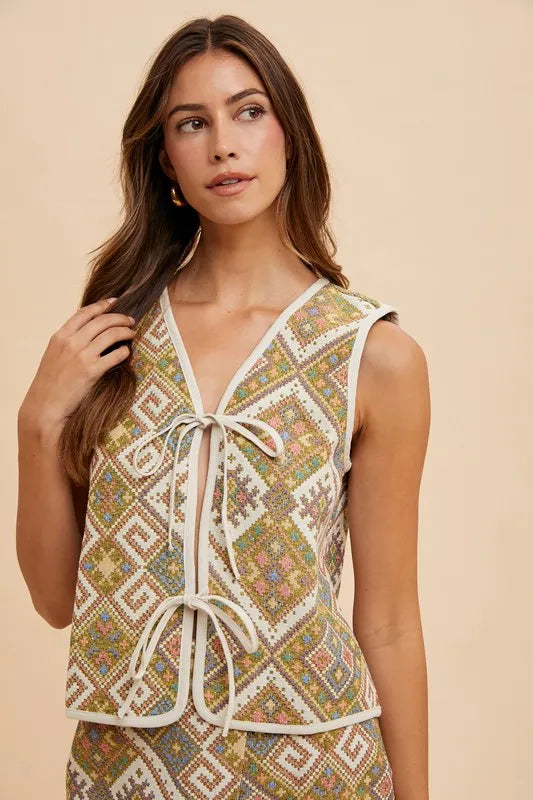 Annie Wear Ethnic Woven Jacquard Tie Front Vest
