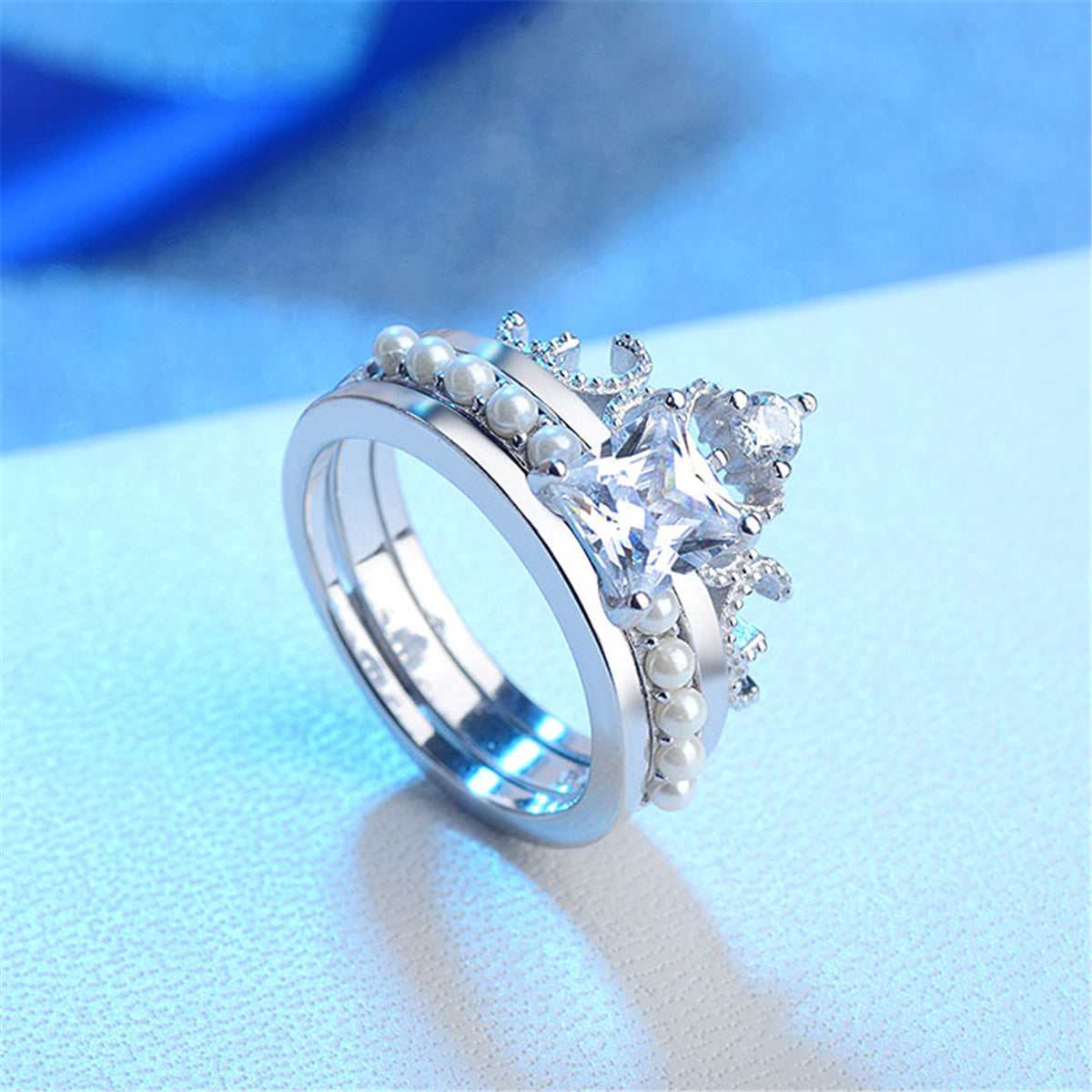 Crystal & Pearl Silvertone Princess-Cut Ring & Band Set