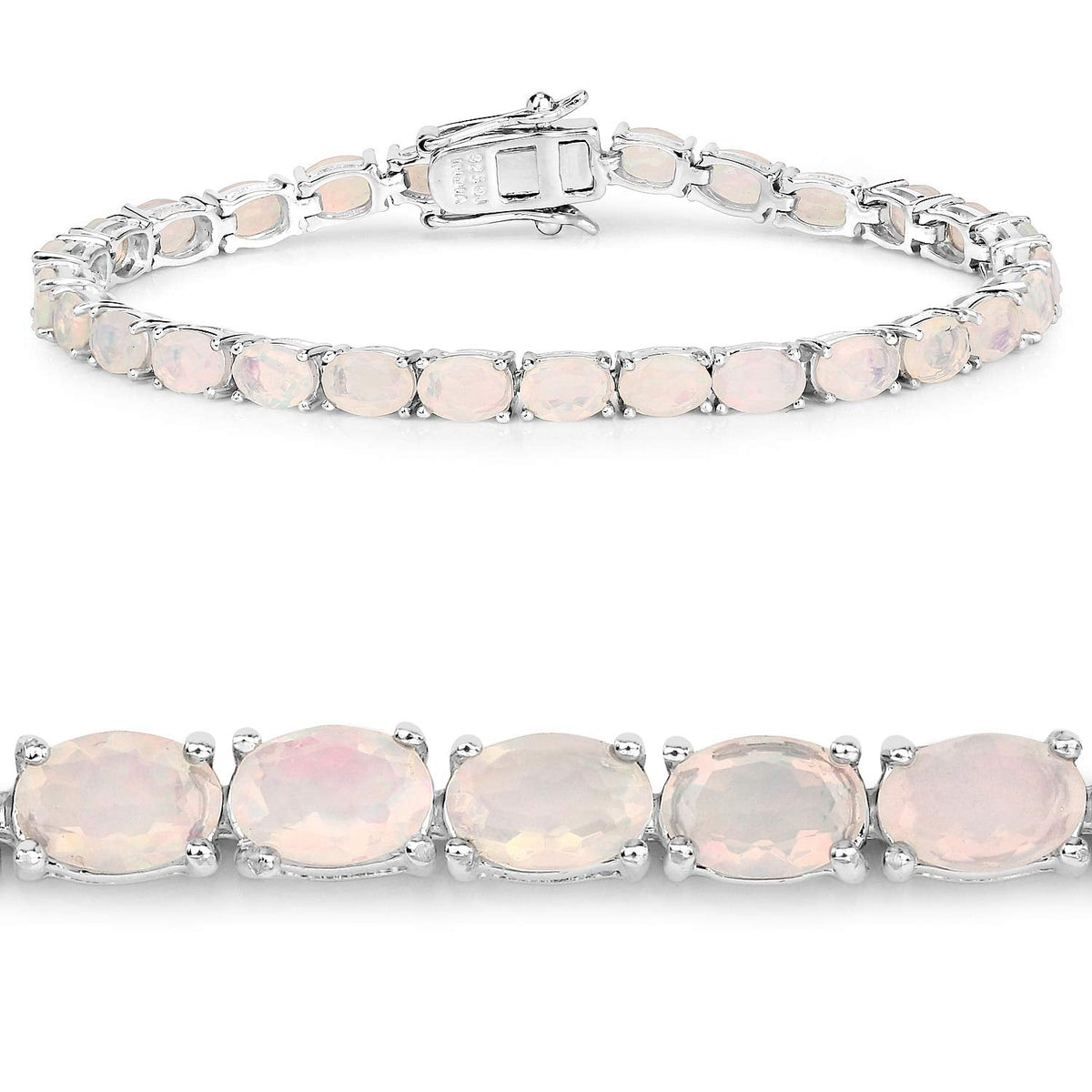 7.83 Cttw Oval White Ethiopian Opal Prong Rhodium Plated Silver Tennis Bracelet