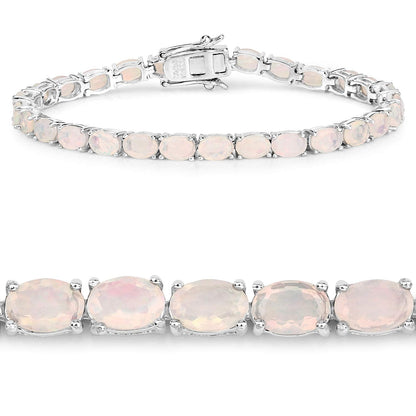 7.83 Cttw Oval White Ethiopian Opal Prong Rhodium Plated Silver Tennis Bracelet