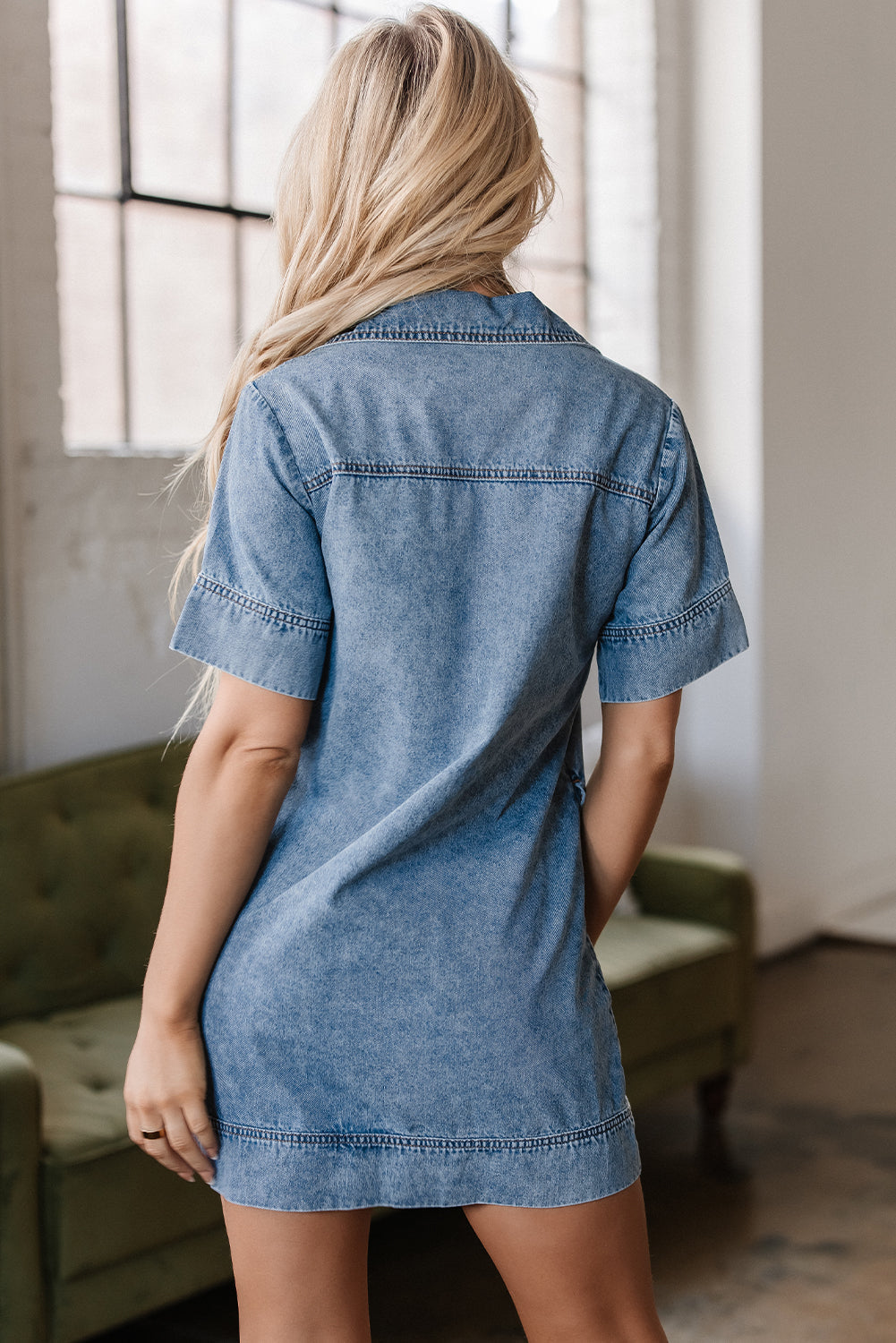 Threaded Pear Makenzie Short Sleeve Collared Denim Dress