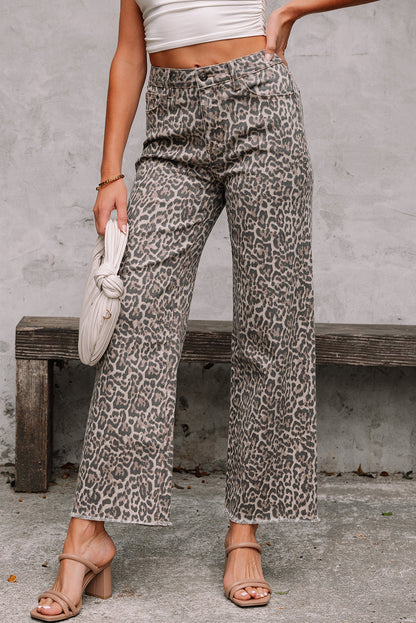Threaded Pear Brianna Leopard Frayed Edge Wide Leg High Waist Jeans