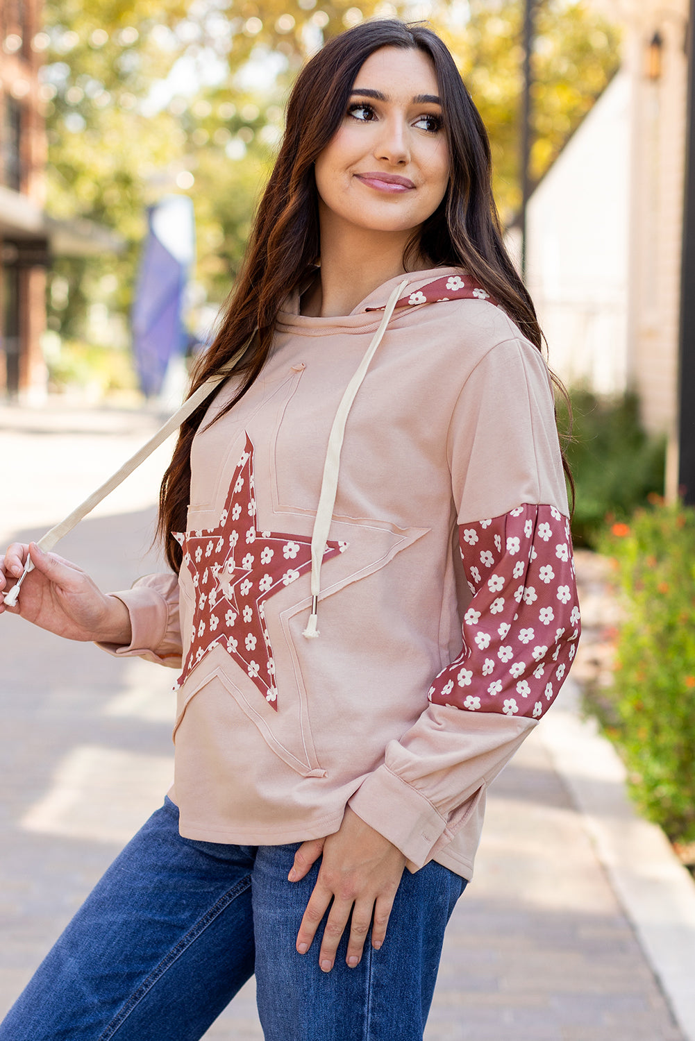 Hallie Star Pattern Drawstring Hoodie - Threaded Pear