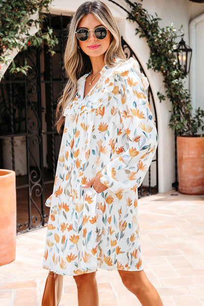 Threaded Pear Katherine Floral Tie Neck Frilled Long Sleeve Dress