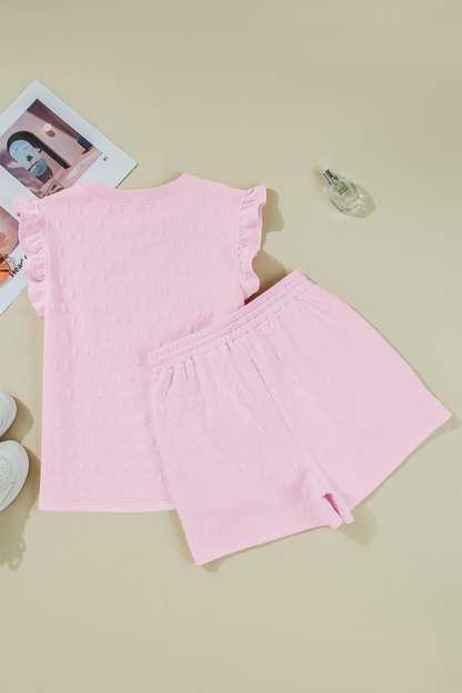 Threaded Pear Ocean Bow Jacquard Ruffle Sleeve Short 2pcs Outfit
