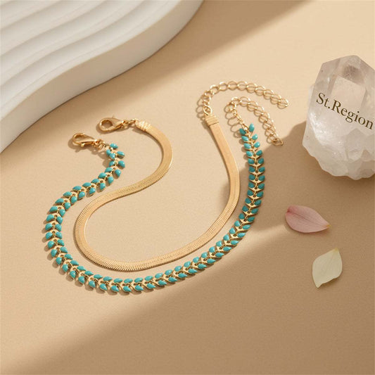 Blue Enamel & Goldtone Wheat Herringbone Chain Anklet Set