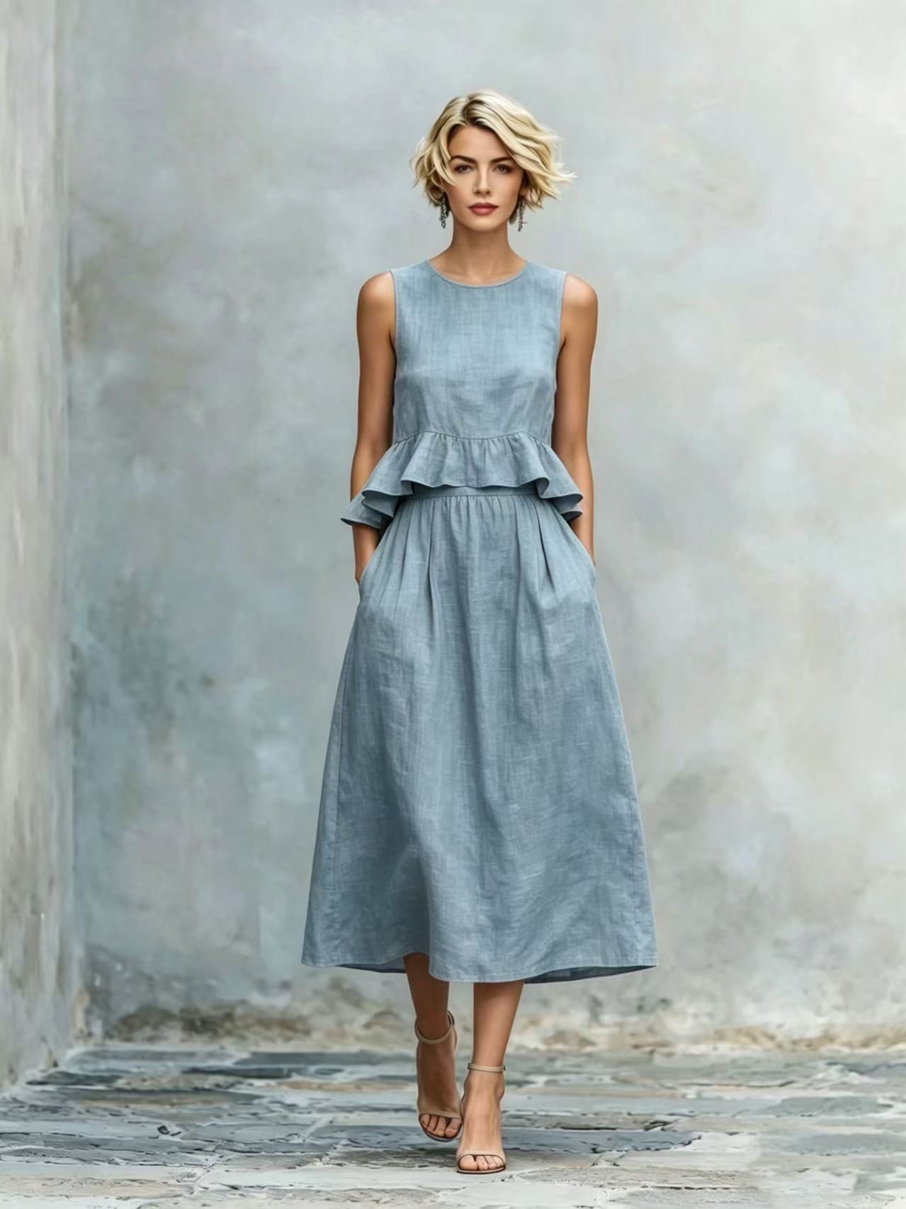 Women's Sleeveless High-Waist Ruffle Trim Maxi Dress