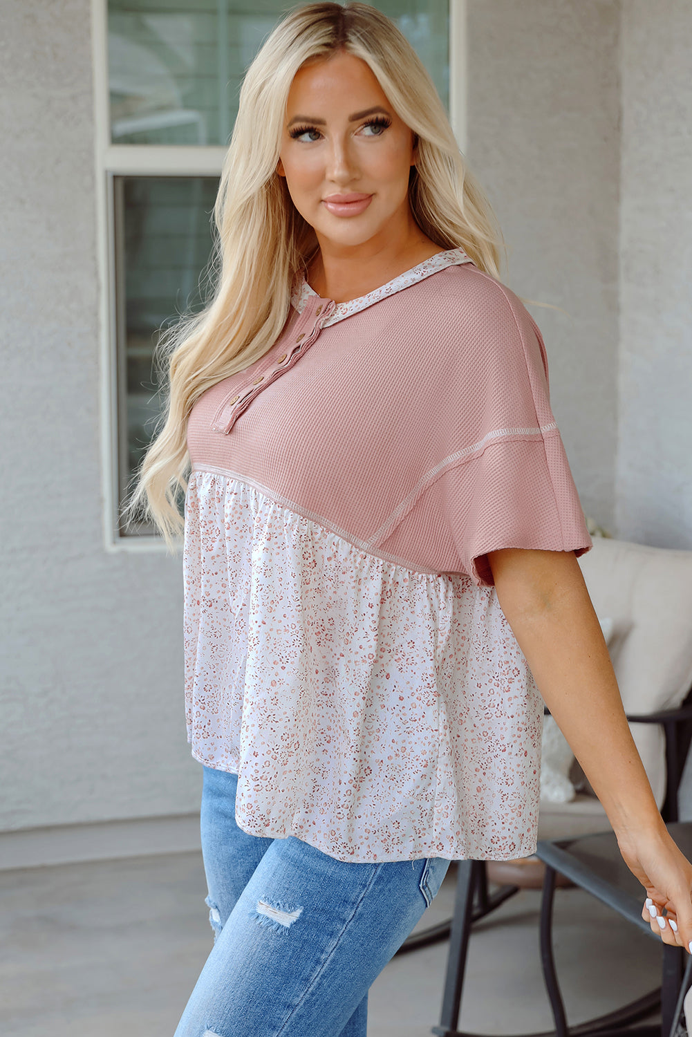 Threaded Pear Legacy Waffle Floral Exposed Seam Top