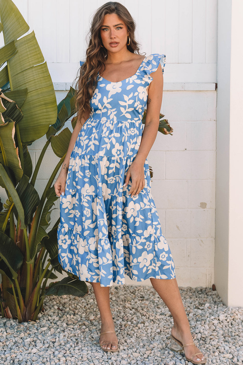Threaded Pear Henley Floral U Neck Flutter Shoulder Tiered Midi Dress