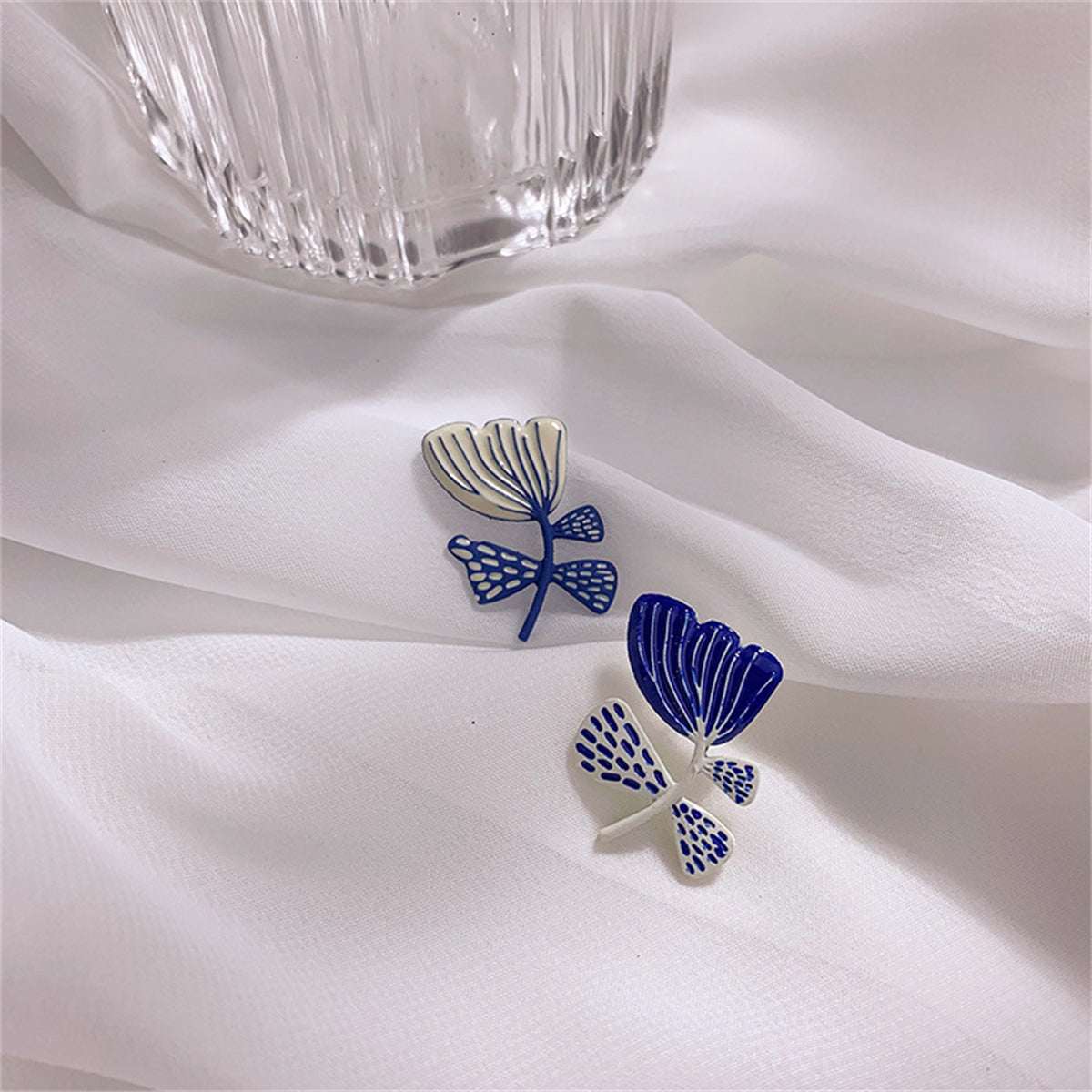 Blue & Silvertone Flower Stud Earrings