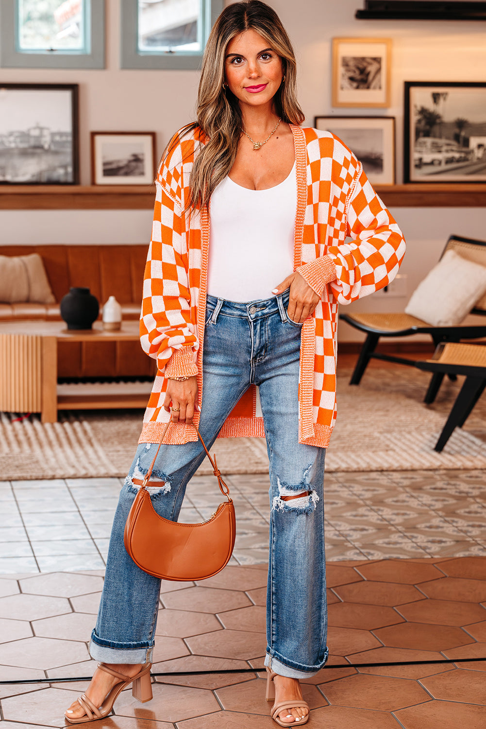 Threaded Pear Wrenley Checkered Open Front Drop Shoulder Cardigan