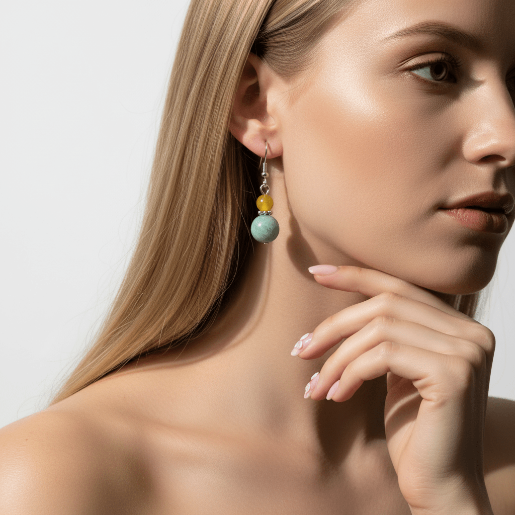 Yellow & Green Jade Silvertone ‌Gourd-Shape Hook Earrings