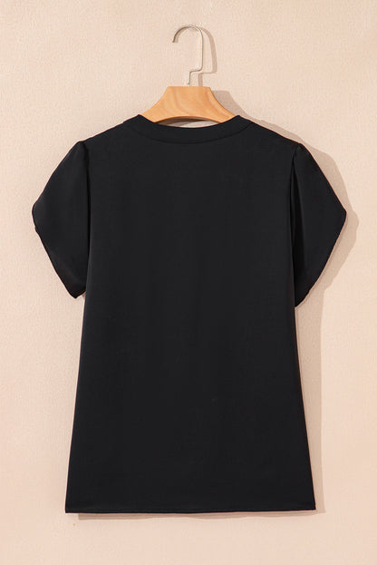Rose Red Silky Notched Neckline Petal Sleeve Blouse