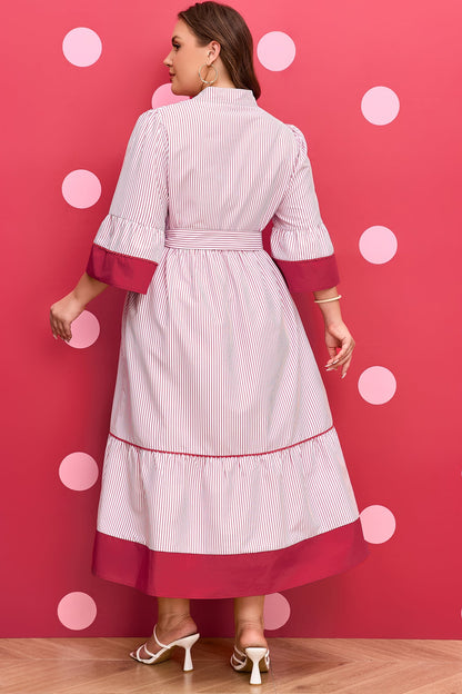 Threaded Pear Charlee Hem Pinstriped Midi PLUS Dress