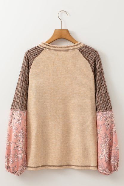 Threaded Pear Elena Raglan Sleeve Ribbed Knit Patchwork Blouse