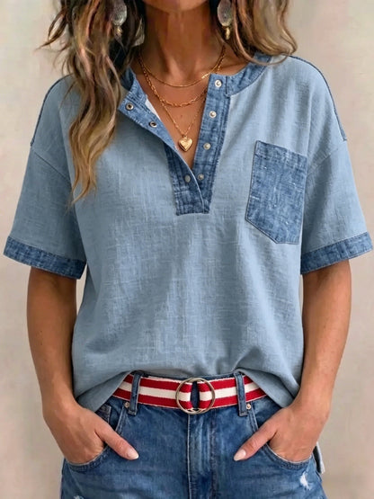 Women's Casual Loose-Fit Color-Block Patchwork Short-Sleeve Top
