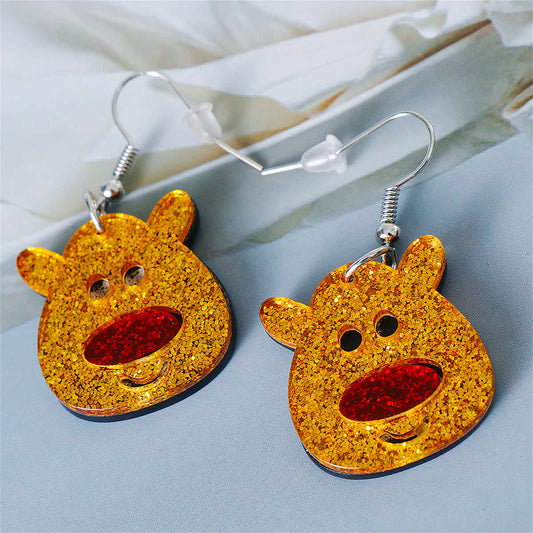 Yellow & Red Glitter Reindeer Face Drop Earrings