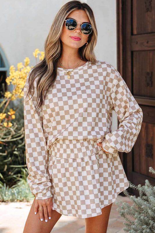 Threaded Pear Emily Checkered Long Sleeve High Waist Skort 2pcs Set