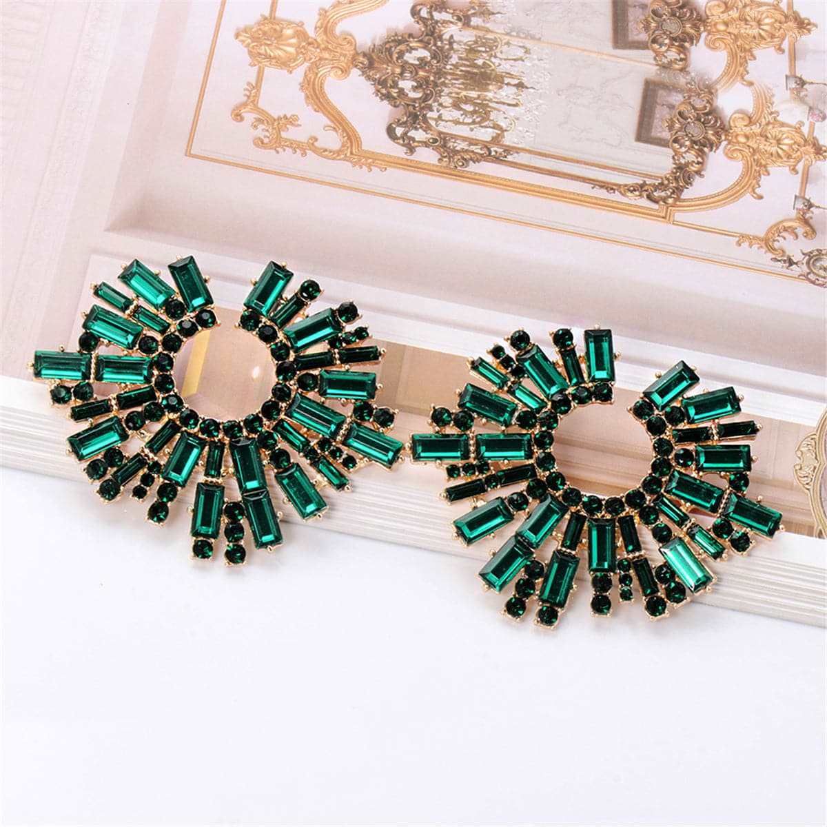Green Cubic Zirconia & Goldtone Hola Round Stud Earrings