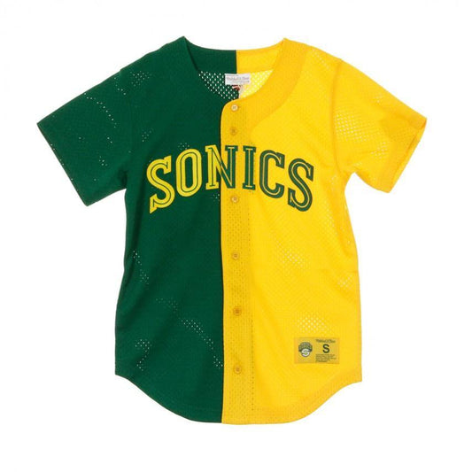 [BA88XS-SSU-E-HF6] Mens Mitchell & Ness NBA Split Color Mesh Button Front Seattle Supersonics - sneakAR