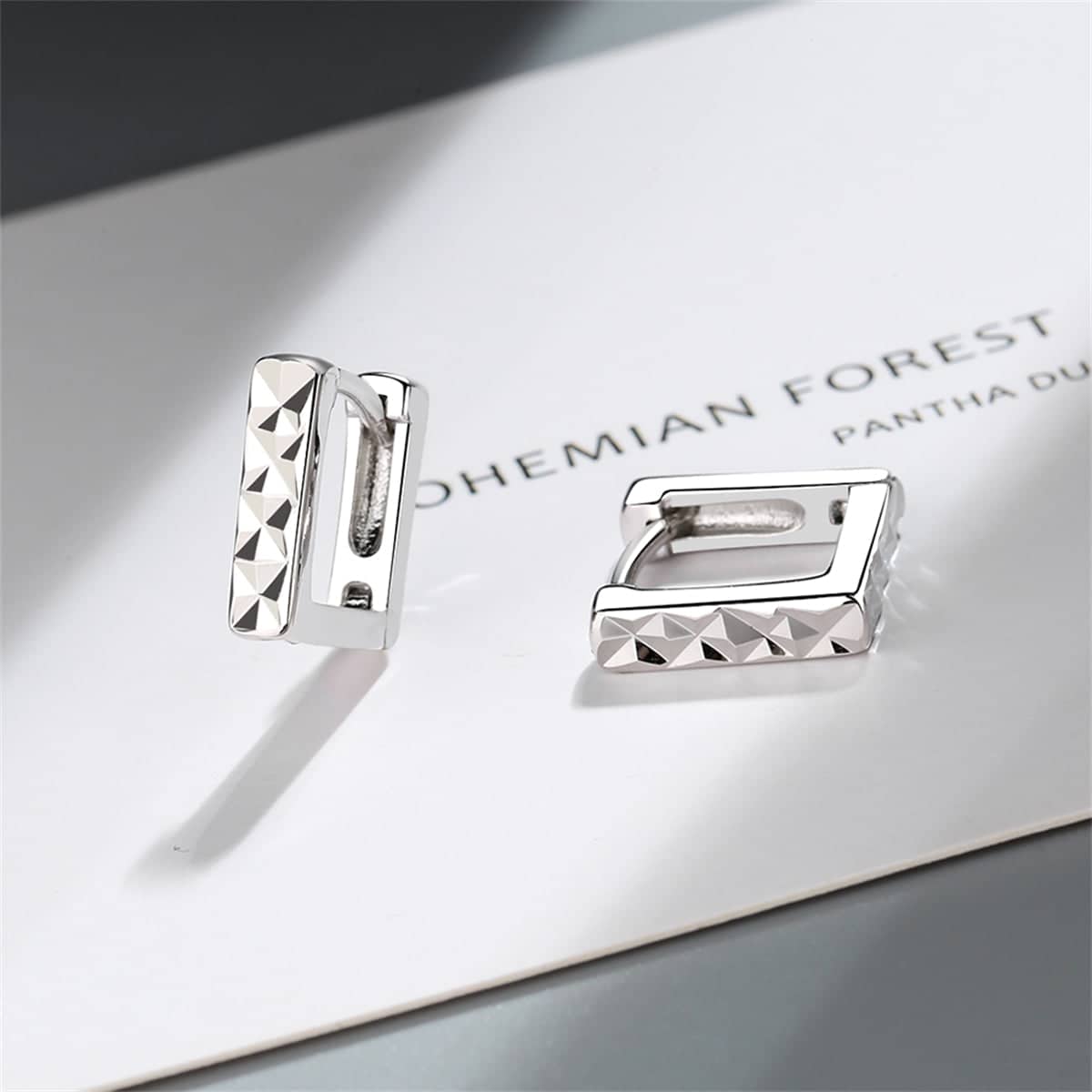 Silvertone Diamond-Cut Open Square Huggie Earrings