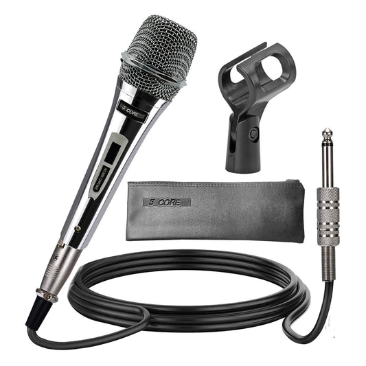 5 Core Professional Dynamic Vocal Microphone Neodymium Cardioid Unidirectional Handheld Mic for Singing Karaoke Steel Mesh Grille Metal Body with ON off Switch + 16ft Detachable Cable + Clip + Bag - Gray