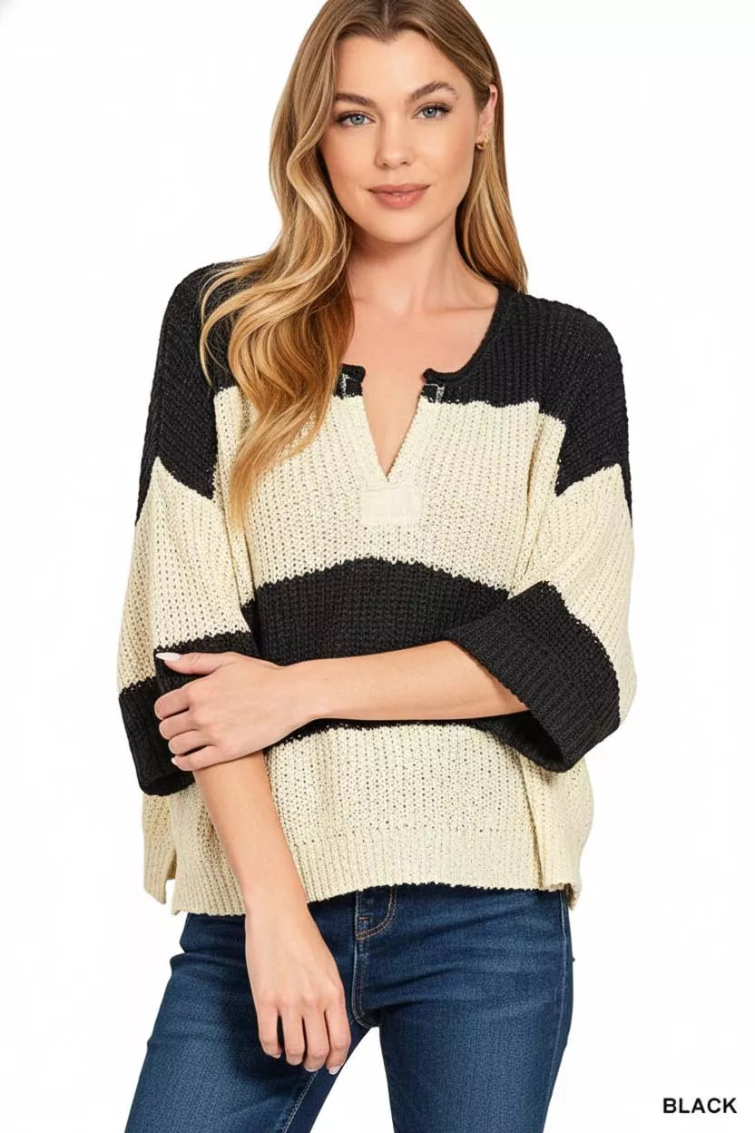 Zenana Split Neck Stripe Sweater