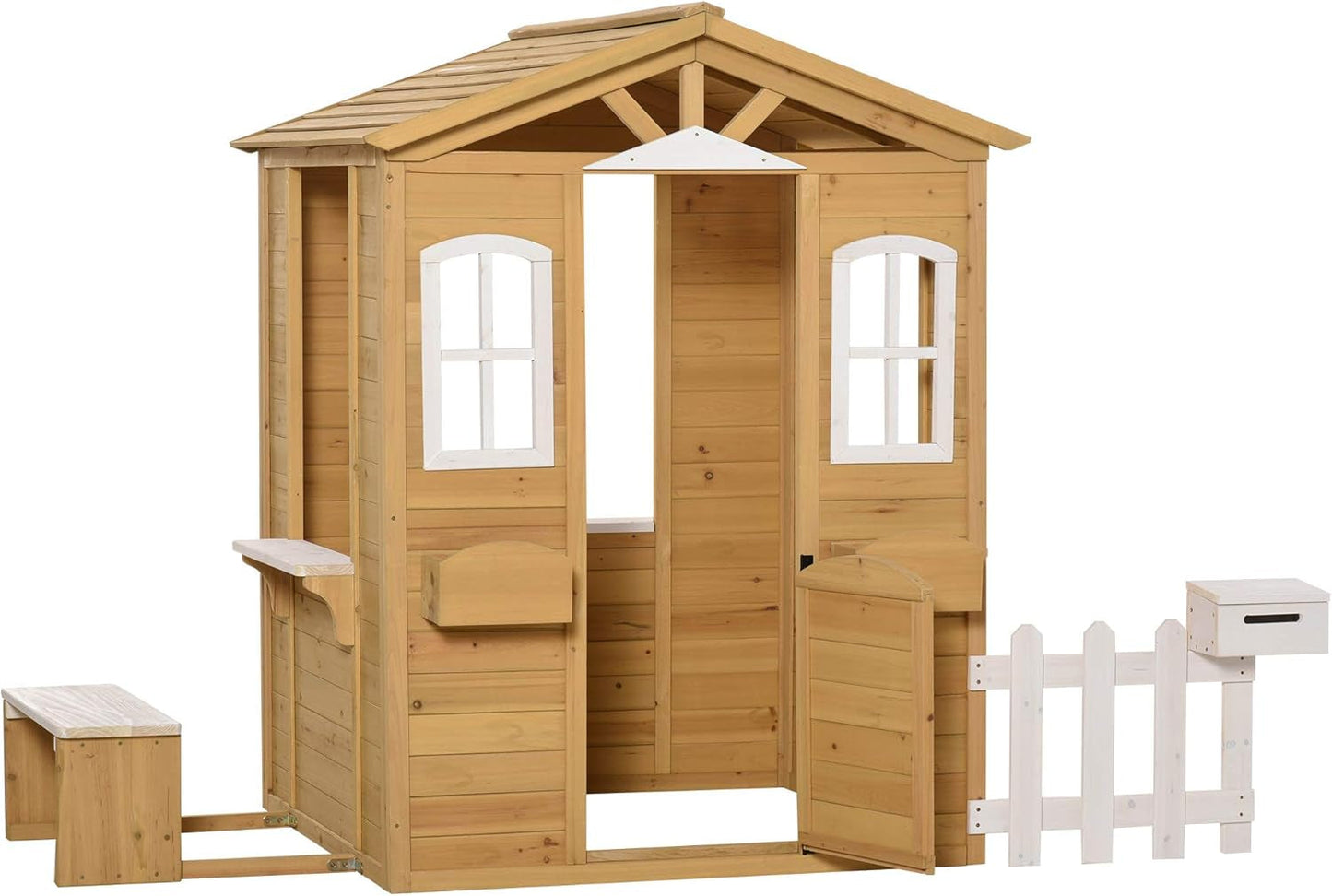 Outdoor Playhouse for Kids Wooden Cottage with Working Doors Windows & Mailbox, Pretend Play House for Age 3-6 Years