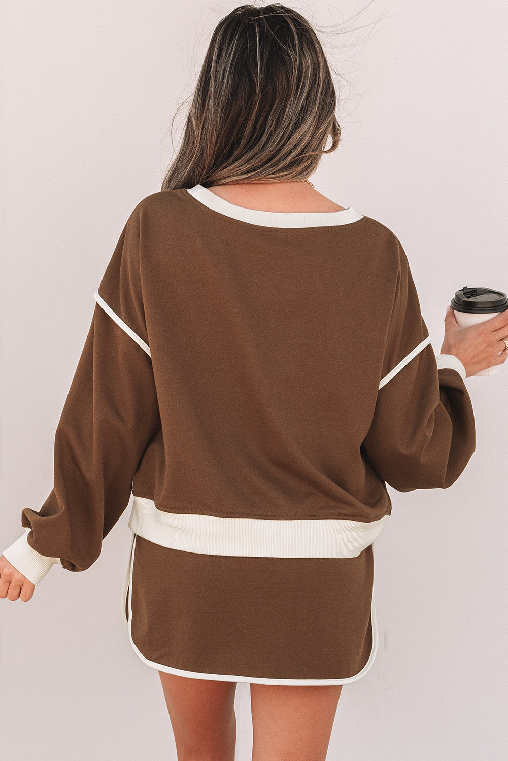 Violeta Loose Pullover and Lace-up Waist Skort Set - Threaded Pear